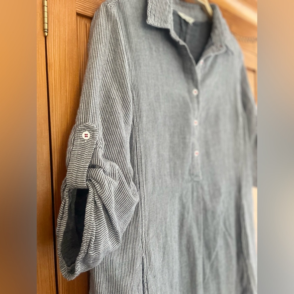 Women’s soft cotton gauze shirtdress casual pullover dress POCKETS pinstripe S